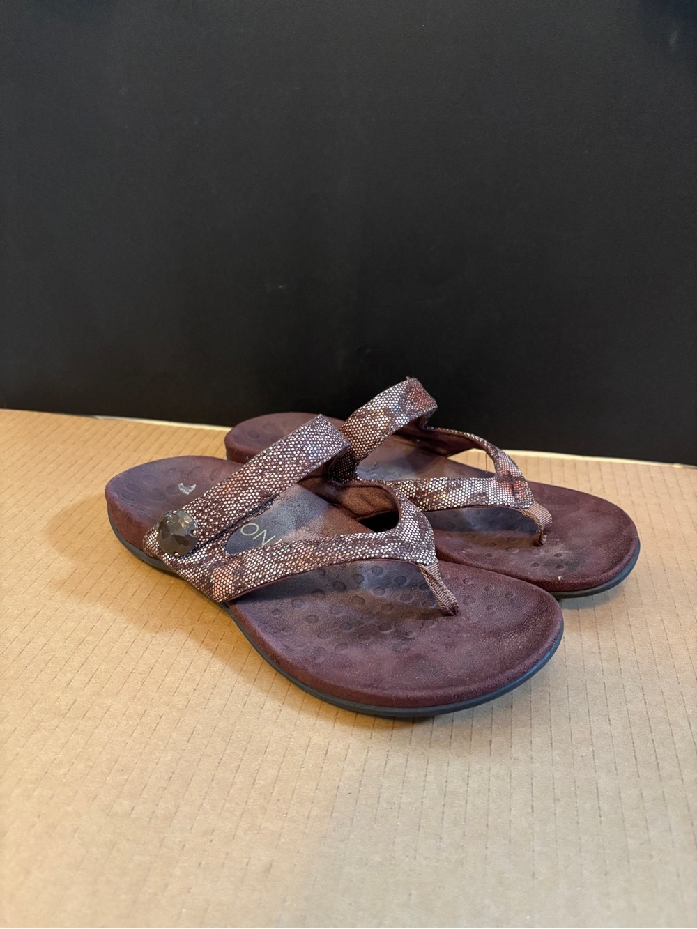 Vionic Brown Metallic-Strap Toe Post Sandals